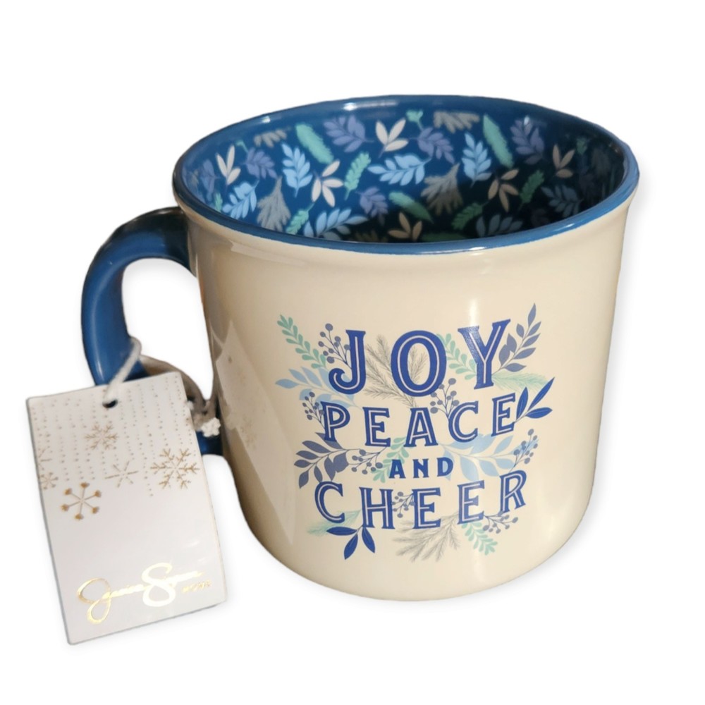 Jessica Simpson Home Ceramic Mug Christmas Beige Blue w/ JOY PEACE CHEER